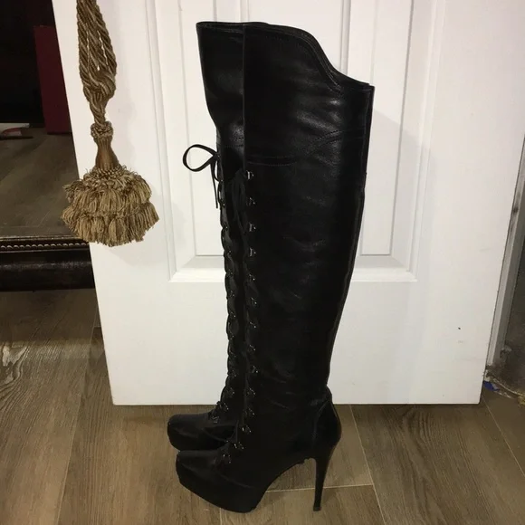 - STUART WEITZMAN BLK OVER THE KNEE SOFT REAL LEATHER LACED TIE UP PLATFOR…